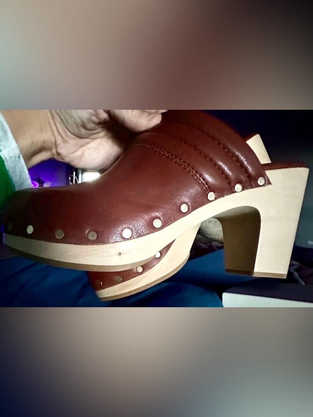 RARE SOLD OUT PAIGE Robbie Leather Clog Heels Whiskey Brown 7.5 - Picture 8 of 9